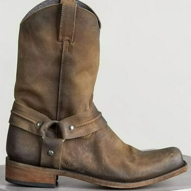 Men's Boots Retro Cowboy Boots Unisex Outdoor Comfortable Mid Calf Boots Plus Size Platform Shoes PU Leather Slip on Long Boot
