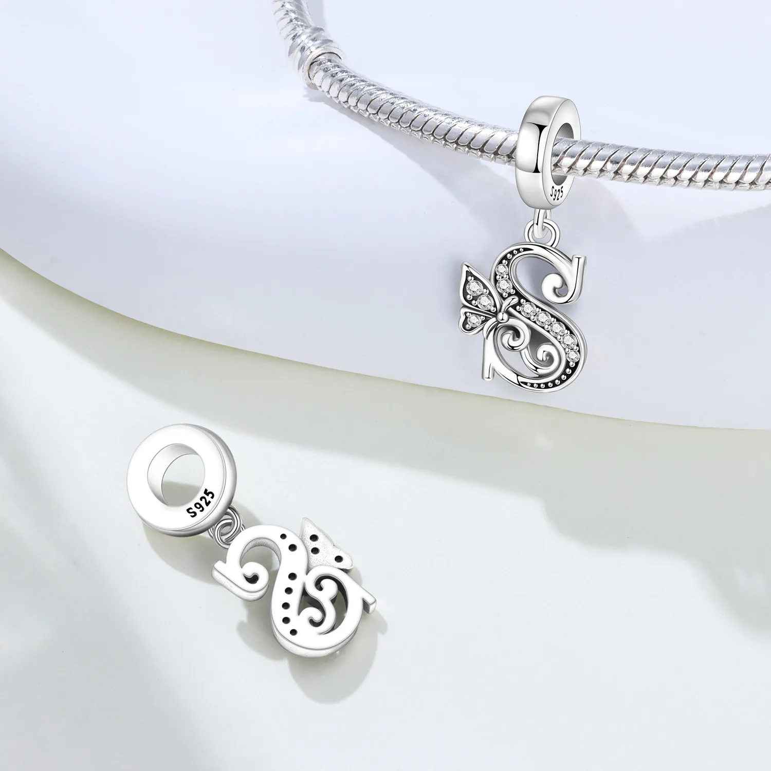 Original 925 Sterling Silver Zircon Butterfly 26 Alphabet Letter Bead Charm Pendant Women DIY Bracelet Necklace Jewelry Gift S