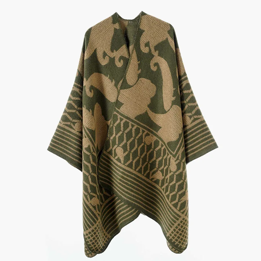 Women Geometric Jacquard Poncho Shawl Oversize Vintage Open Front Faux Cashmere Cape Autumn Winter Casual Travel Warm Wrap