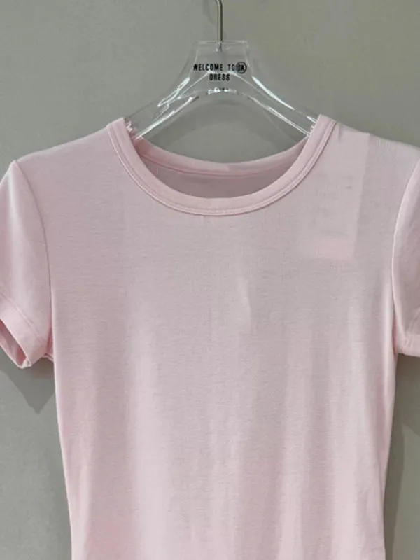 Slim Fit round Neck Short Sleeve T-Shirt Women's Casual Pure Color Fashionable American Style Top for Young Women Summer Wear