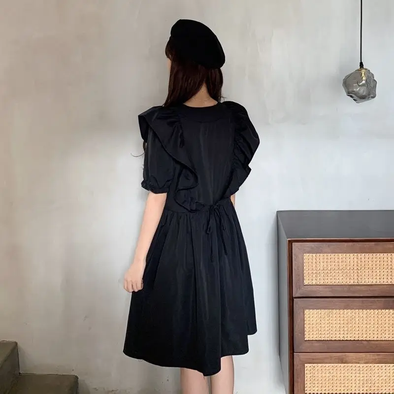 Stylish Ruffles Spliced Loose Dresses Solid Color Women\'s Clothing Casual V-Neck Summer New Short Sleeve Sweet A-Line Midi Dress