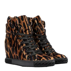 Leopard horsehair Inner Wedge Ankle Boots Rim Rubber Sole Height Increasing Femme Hidden Wedge High top Real Leather Sneakers