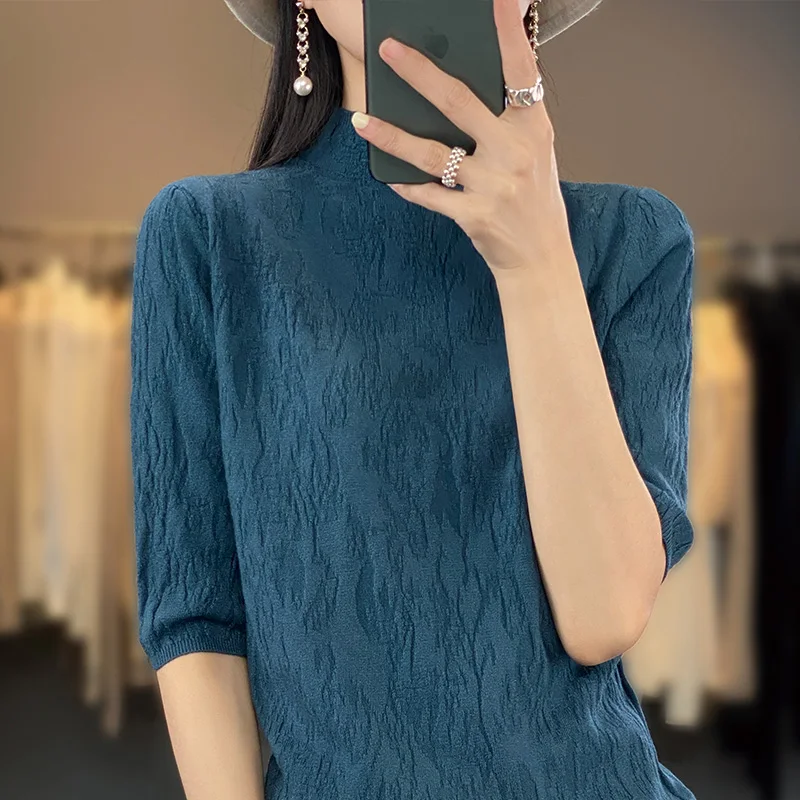 2023 new women\'s cashmere short-sleeved semi-high-necked Korean cashmere sweater women\'s spring and autumn pullover casual top