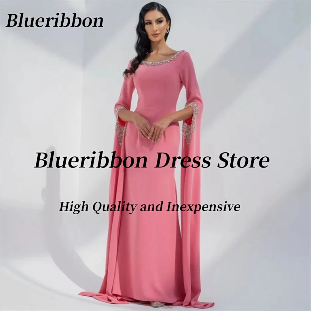 Blueribbon-vestido de noche con cuello redondo y cuentas, traje de manga larga con cremallera en la espalda, ropa especial para fiesta de graduación y novia