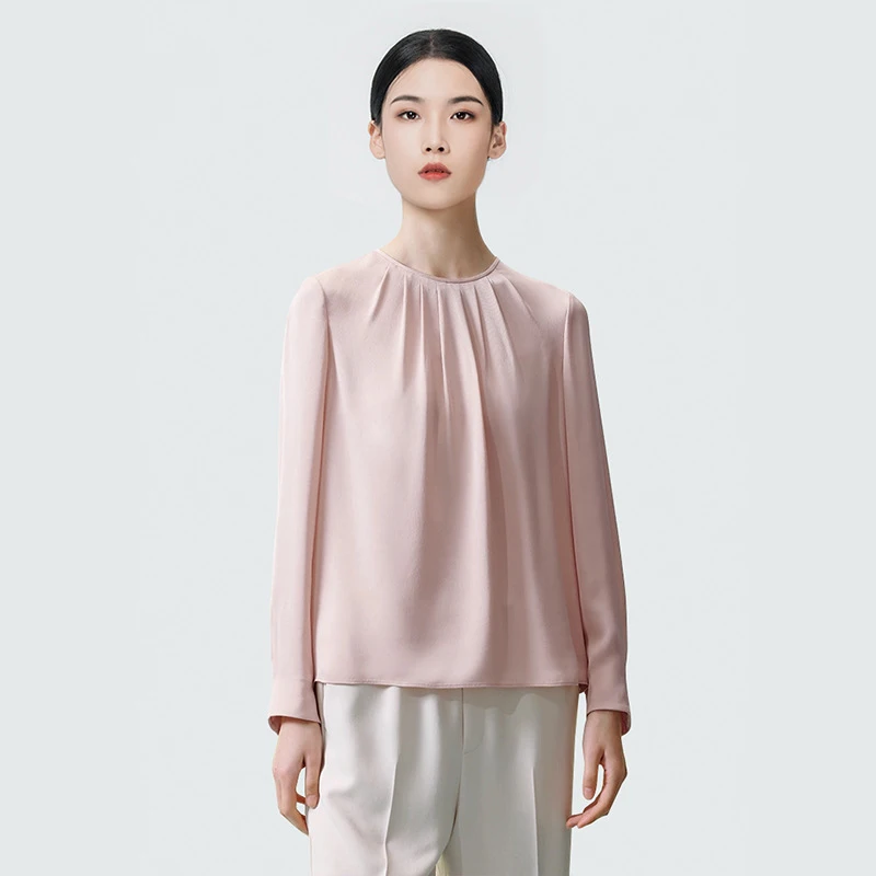 19mm 100% Mulberry Silk T-Shirt Women's Pleated Round Neck Long Sleeve Casual Workwear Office Basic Tops
