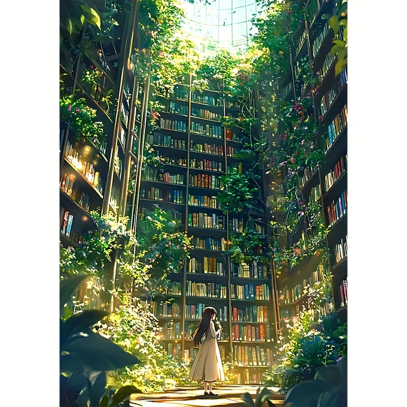 قطعة صغيرة من بازل قطع صغير الحجم 1000 قطعة فن المكتبة الخضراء، 38 × 26 سم، منظر طبيعي للمكتبة الحديثة للطلاب ومحبي الكتب #5