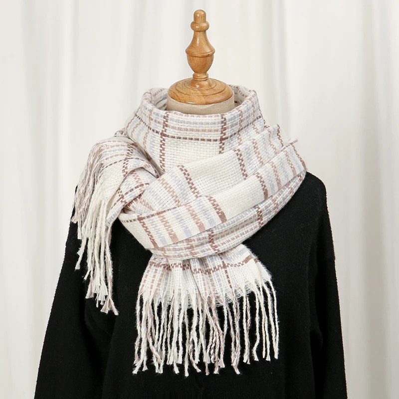 Blended Cashmere Weaving Grid Pattern Scarf Fashion Tassel Shawl For Women Winter Warm Scarf Neckerchief