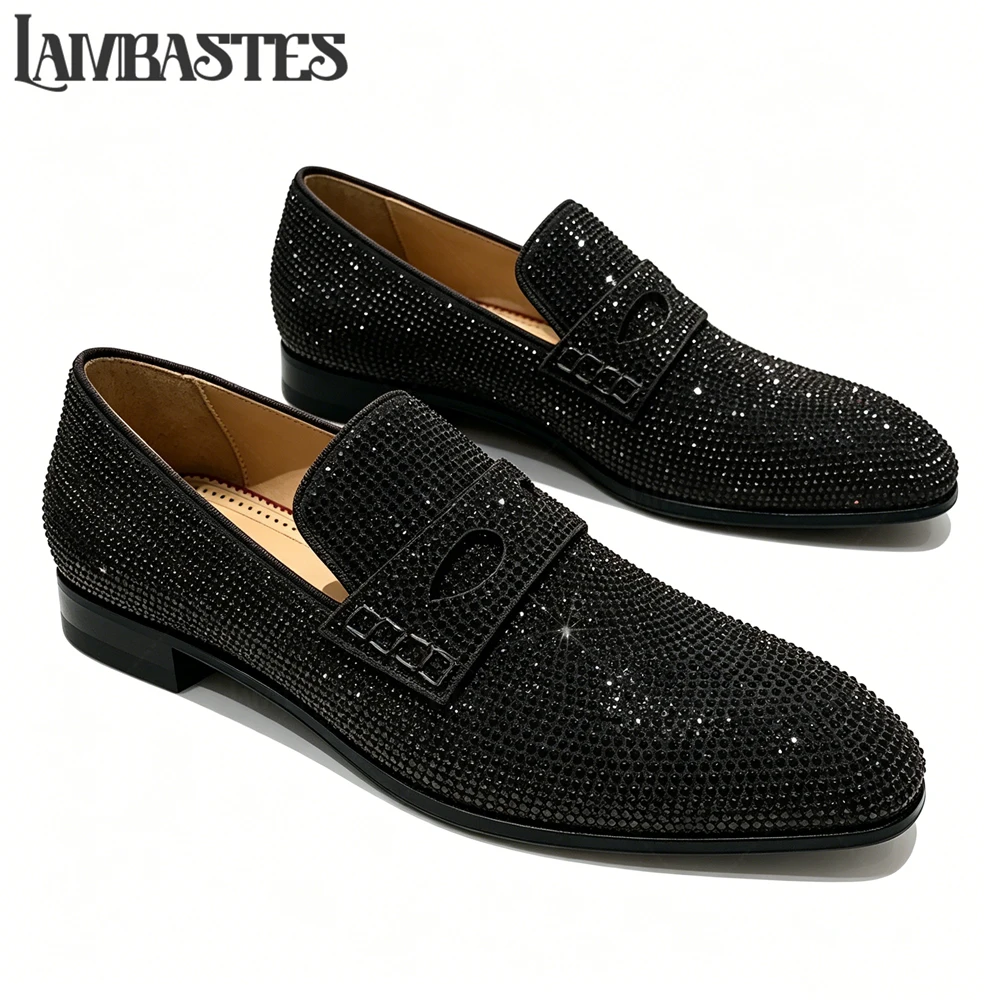 Full Crystal Embellished Mens Loafers Decorative Strap Sparkling Rhinestone Covered Formal Dress Shoes Rhinestone Slip on Shoes