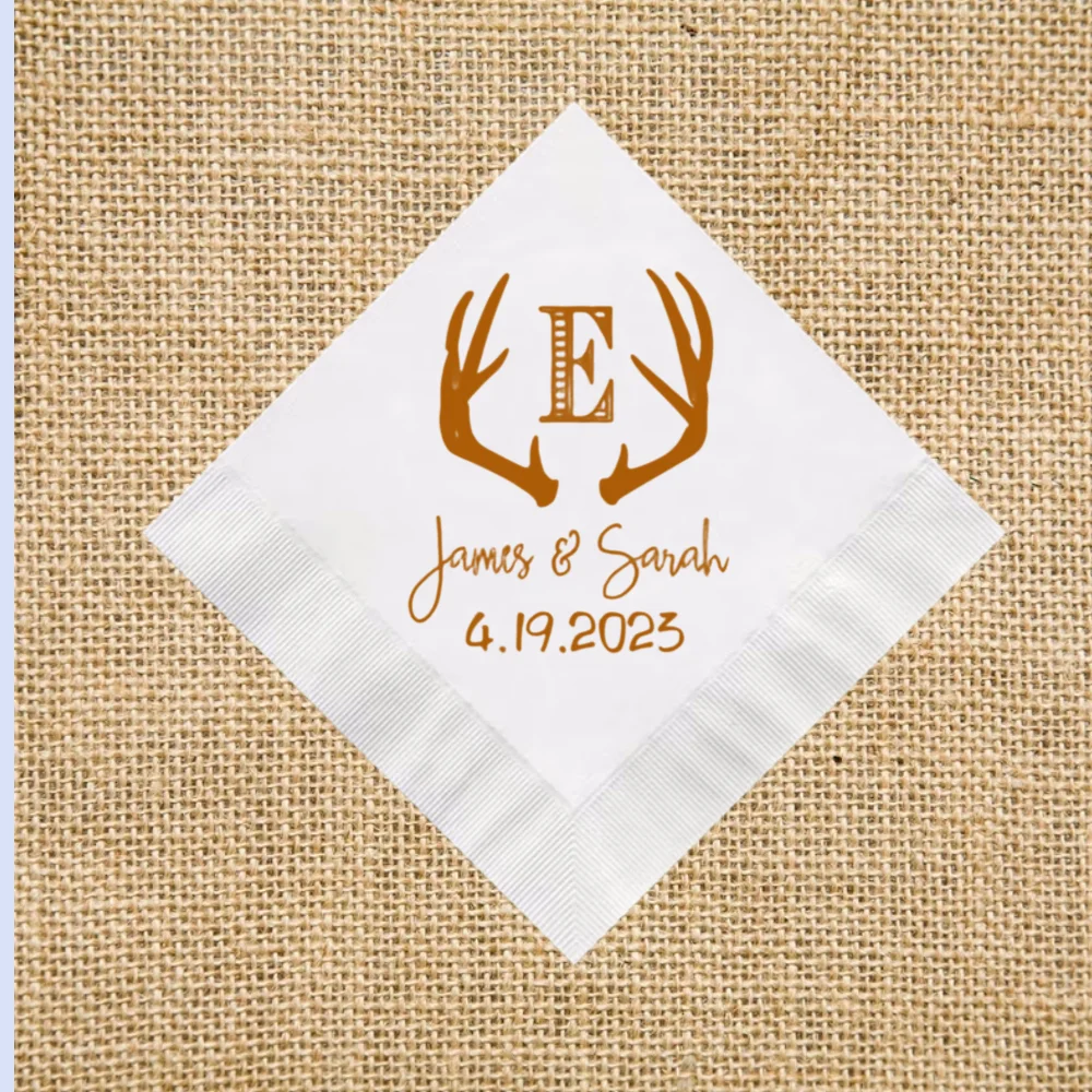 

Personalized Antler Napkins, Wedding Reception Napkins, Rustic Wedding,Cocktail,Hangover Beverage Napkins, 50Pcs