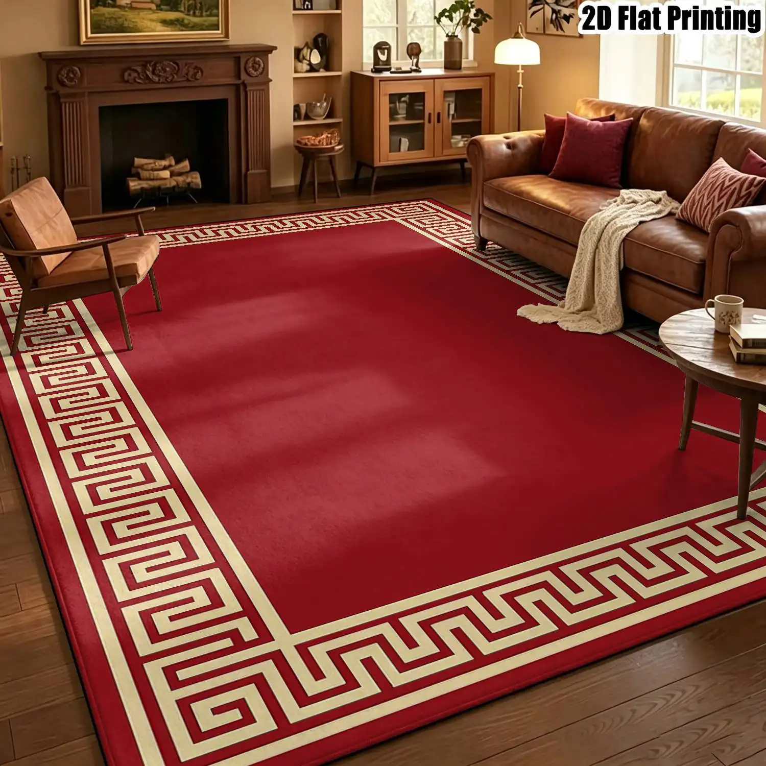 1Pc 2D Printed Carpet: Burgundy Floral Border, European Retro Geometric Pattern, Machine Washable Home Decor Rug for Multi Scenes, Multiple Sizes