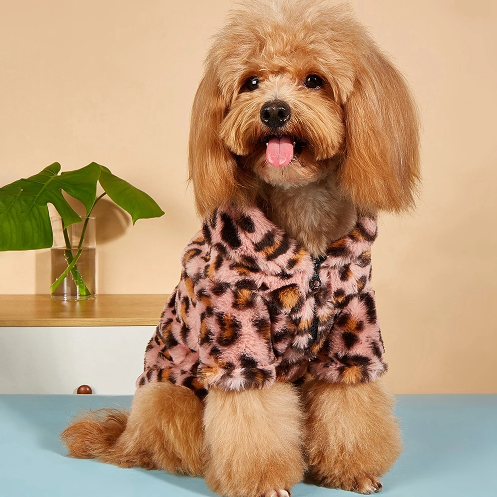 Warm Fleece Dog Hooded Sweater for Small Dogs Leopard Winter Dog Plush Clothes Cold Weather Cat Apparel Home Wear