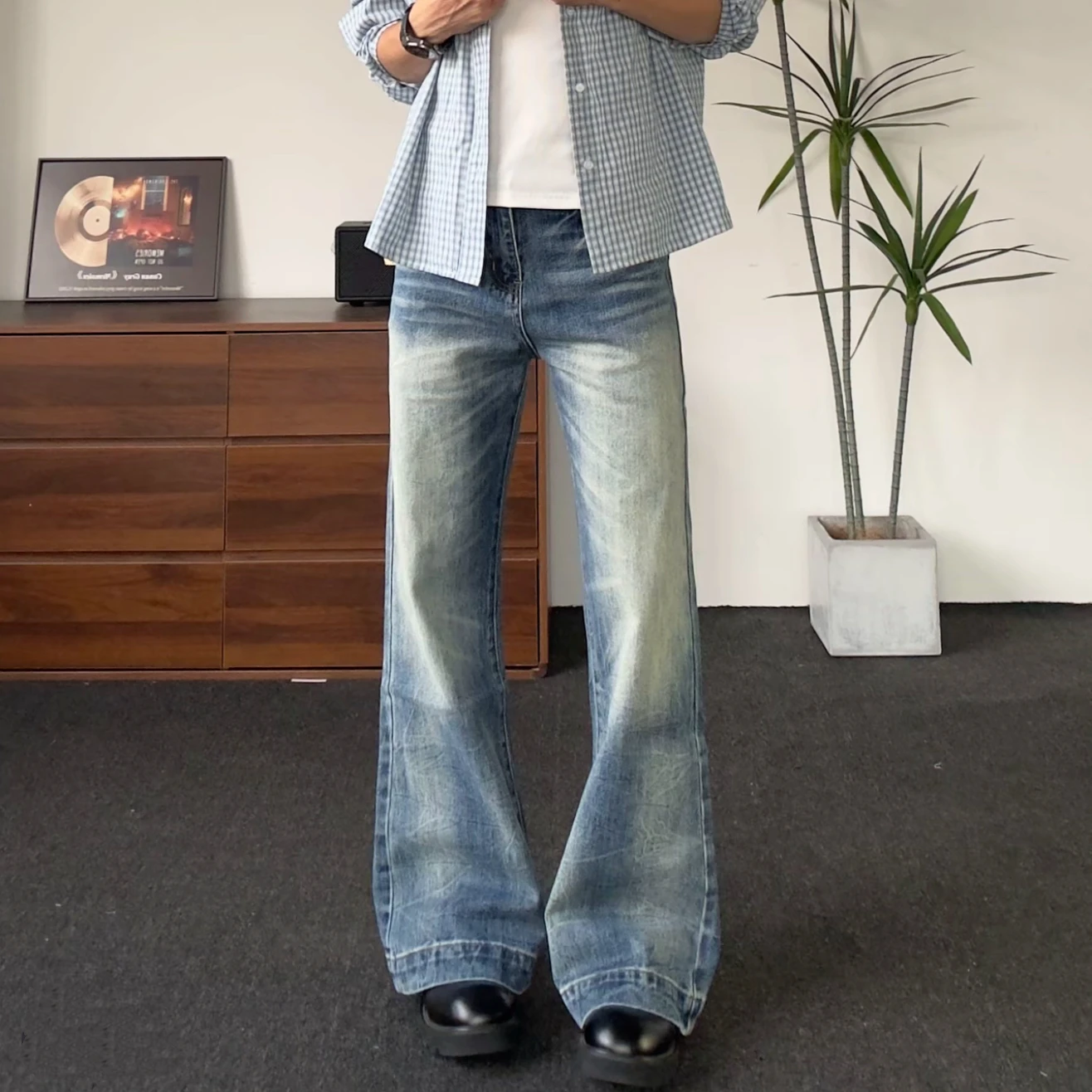 

American Retro Cleanfit Loose Casual Design Pattern Slimming Wide Leg Long Jeans Men's High Waist Cotton Stretch Denim