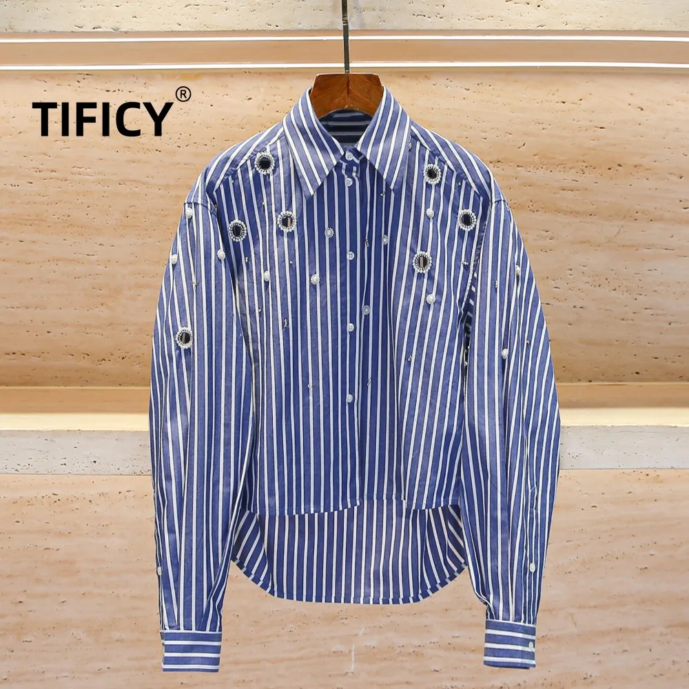 High Street Shirts Women's Early Spring New Fashion Temperament Nail Bead Hollow Pearl Short Striped Shirt Top