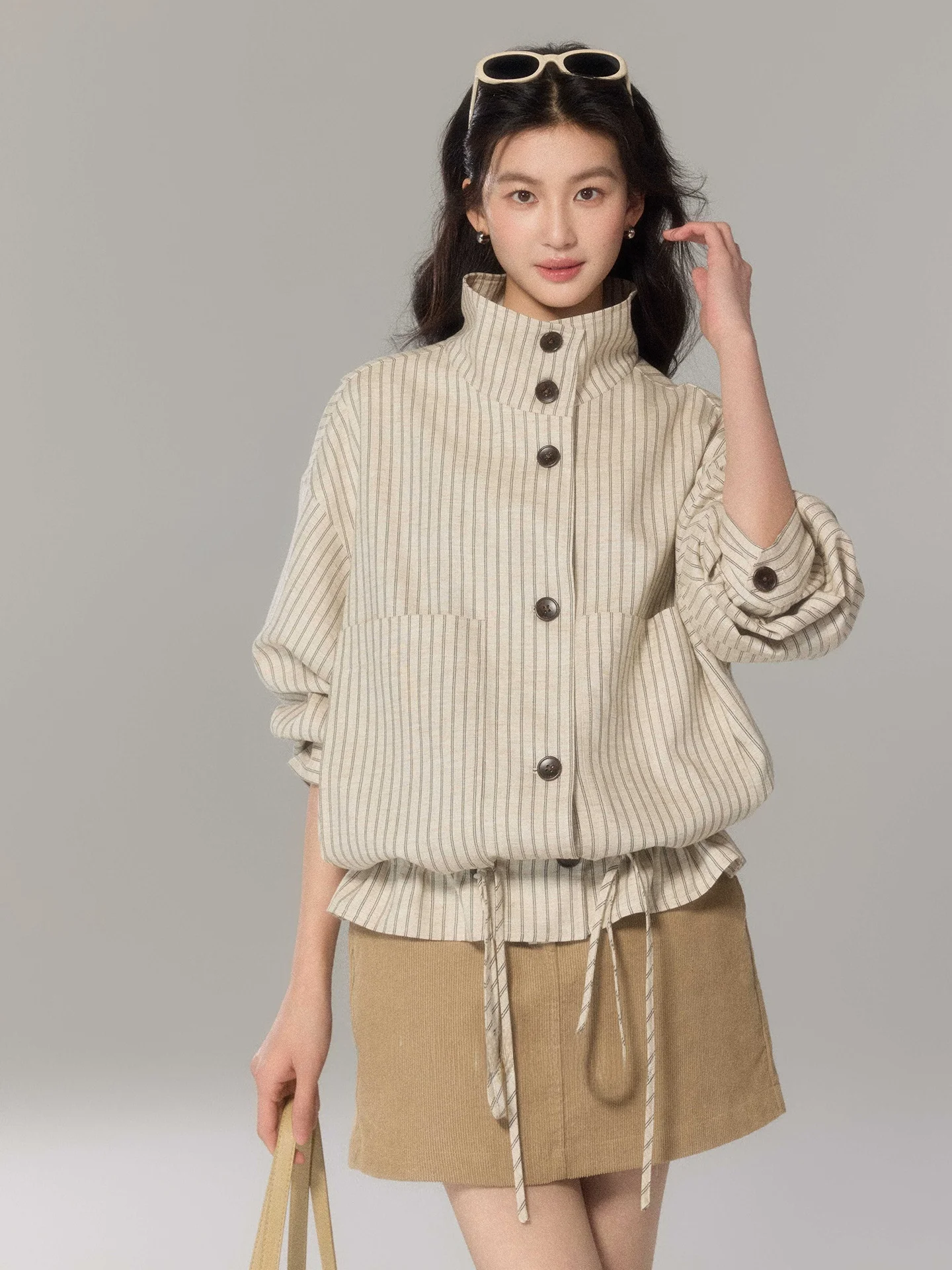 Chaqueta holgada de lino y seda para mujer, estilo retro a rayas, cuello marinero, ligera, para ir al trabajo, con botones, manga larga, abrigo corto