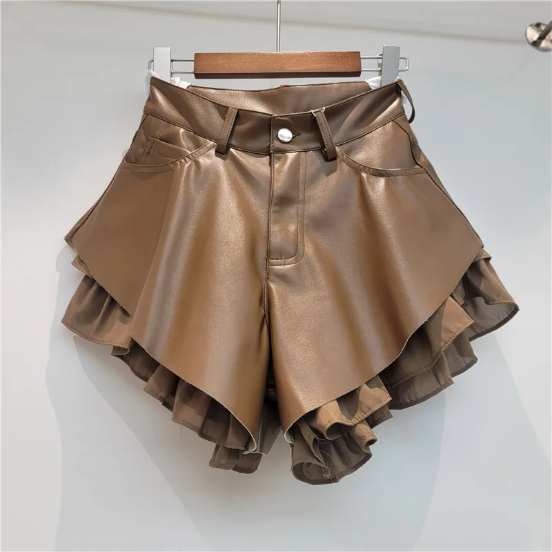 WTHT Trendy Summer 2026 Women's Double-layer Spliced PU Leather Shorts Fashion A-line High-waisted Short Pants Female 1LS3101