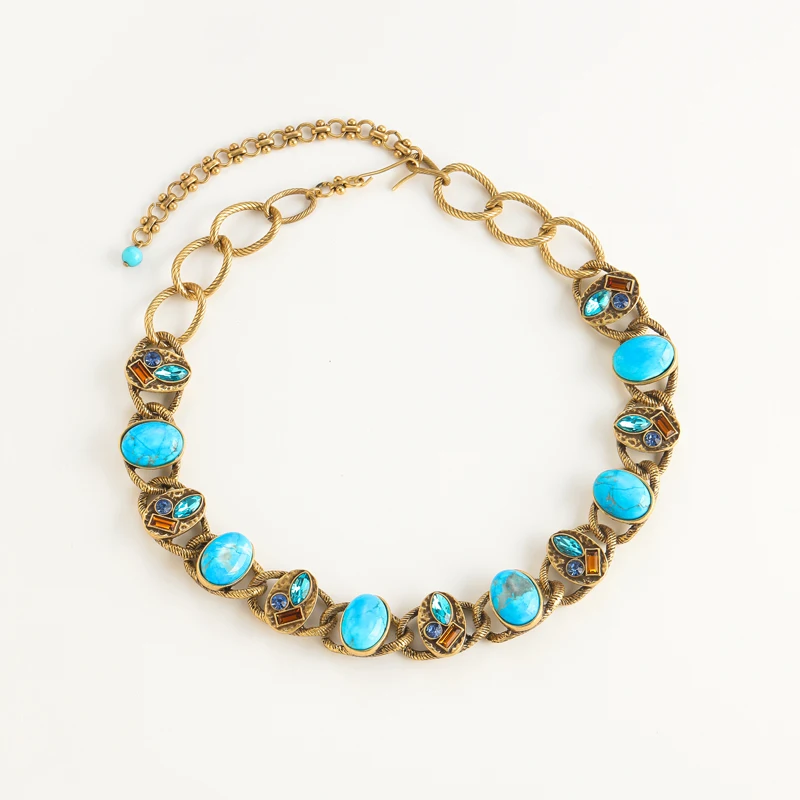 Vintage Turquoise Blue Stone Necklace Antique Gold Color Chain Colorful Crystal Jewelry 2025 High Quality Luxury Designer New