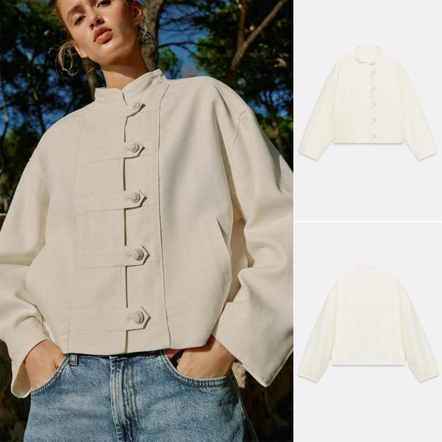 Spring Summer New Arrival Women's Minimalist Style Short Long Sleeve Stand Collar Rope Buckle Jacket Outerwear 2896709