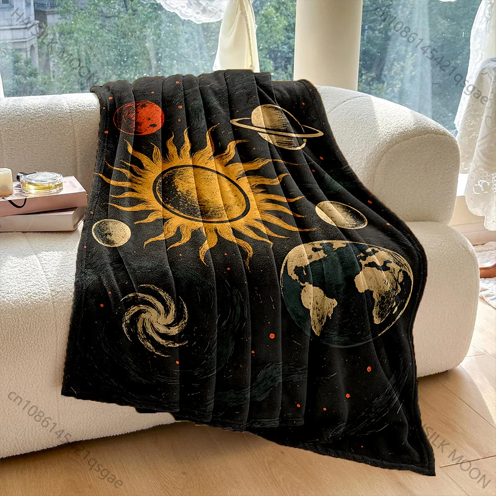 1PC Hand-drawn sun planets Earth Saturn nebula Print Adult Children Warm Blankets Home Travel Car Soft Comfortable luxury gift