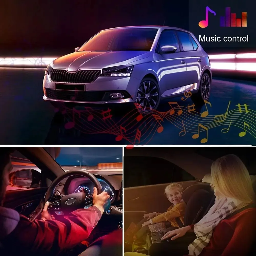 4Pcs APP Car LED Strip Lamp Foot Floor Decoration Bulb RGB Interior Atmosphere Light Auto USB Wireless Remote Music Control