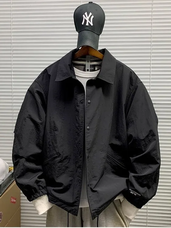 

Retro Japanese Sle Men's Jaet Pure Color Simple Design Windproof Ox Cloth Stand Fit Long Sve Button Closure Coat