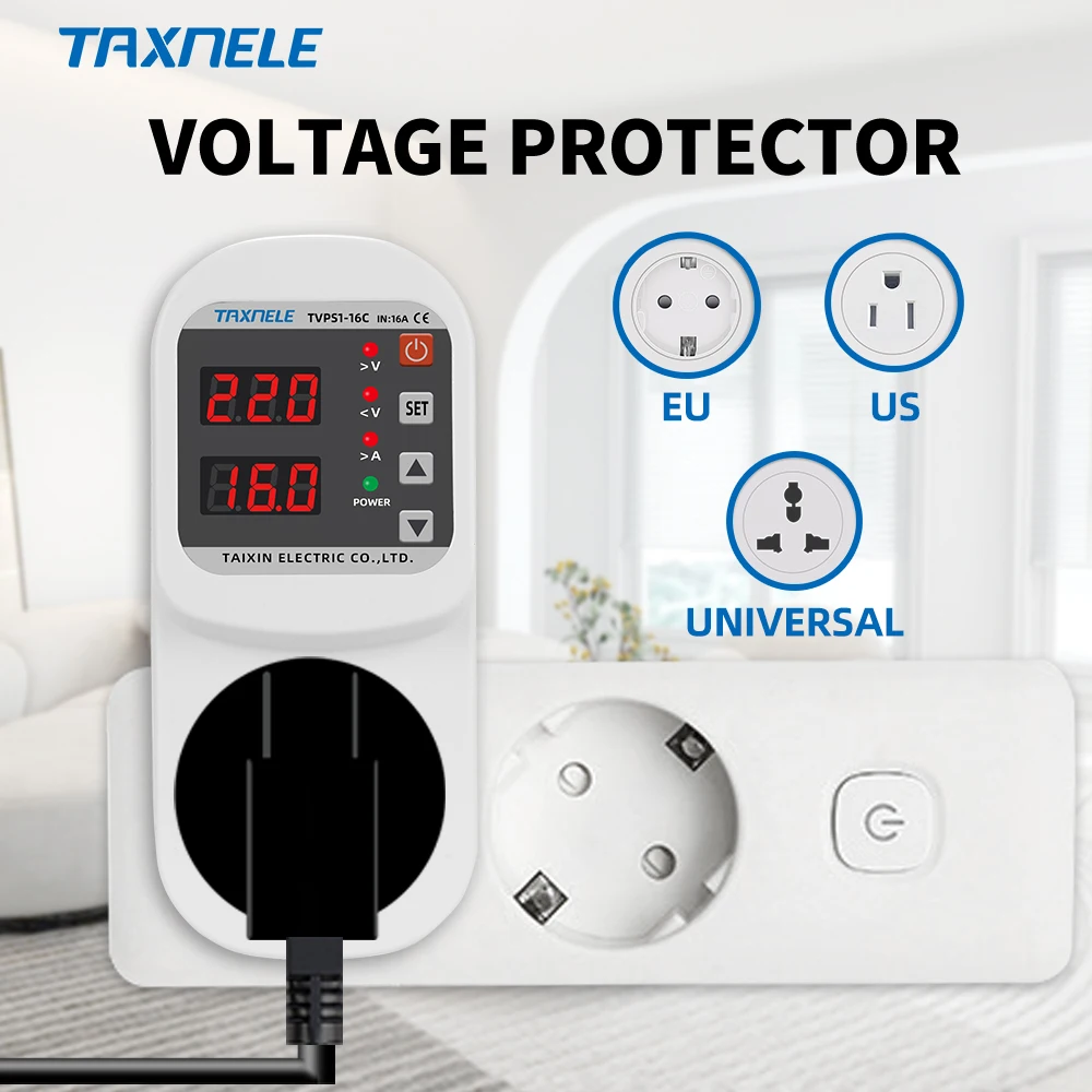 Over Voltage Current Under Voltage Protector Socket AC 220V 110V Adjustable 16A Surge Protector EU Plug Socket Safe Protect