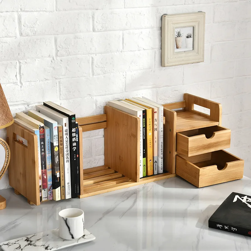Bamboo Telescopic Book Shelf with Drawer, Desktop Bookcase, Table Book Rack, Bookshelves, Bookcase Organizer,Furniture