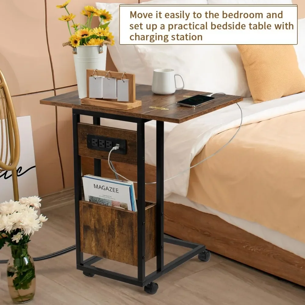 طاولة جانبية مع محطة شحن، طاولات C قابلة للطي، طاولات صينية دوارة، صواني تلفزيون، طاولة فوق السرير على شكل C #2