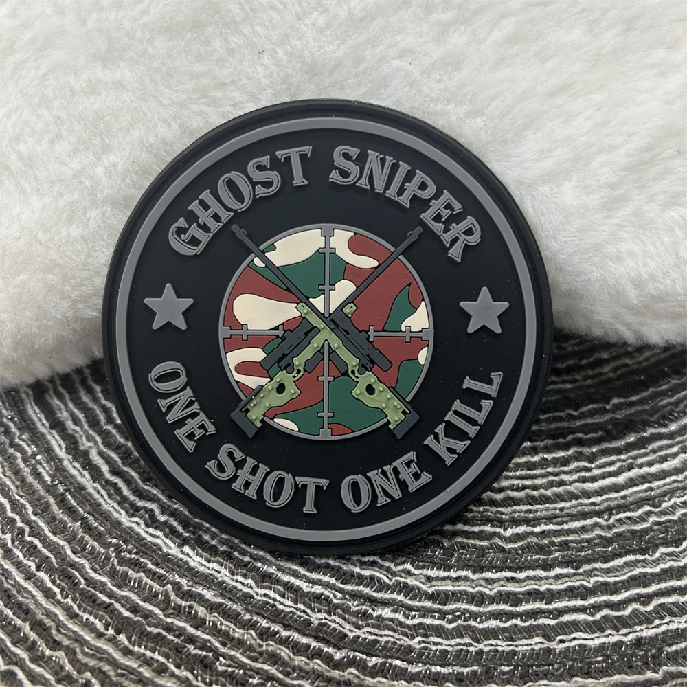 Chost Sniper Morale Badge One Shot One Kill PVC Tactical Patch Outdoor Military Equipment Hook and Loop Backpack Sticker