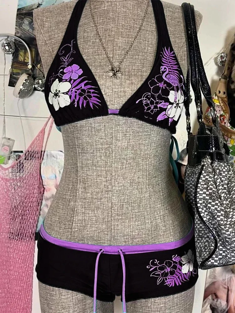 خمر زهرة طباعة كتي مجموعة بيكيني 2000s ملابس السباحة مثير النساء الاستحمام موضة الرسن حزام ملابس السباحة شارع العليا الشاطئ الإناث #5