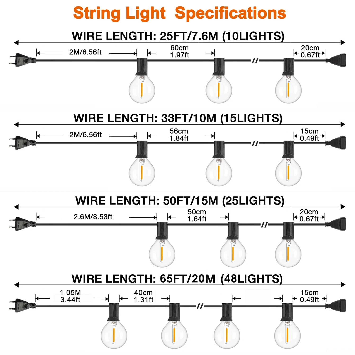 G40 Innen- und Außen-Lichterkette mit E12-Fassung, EU-Stecker, 220V, verbindbar, dimmbar, Vintage-Lichterkette für Garten- und Terrassendekoration – Detail 5