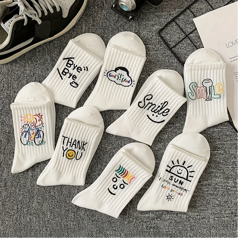 Random 6 Pairs Unisex Smiling Socks, Comfortable And Breathable Mid-Calf Socks Color Block Breathable Dopamine Fashion