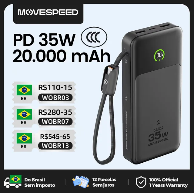 【CCC】MOVESPEED P20 Power Bank em Formato de Lâmina 20000mAh 35W Carregamento Rápido Powerbank Carregador Externo para iPhone 17Pro Samsung