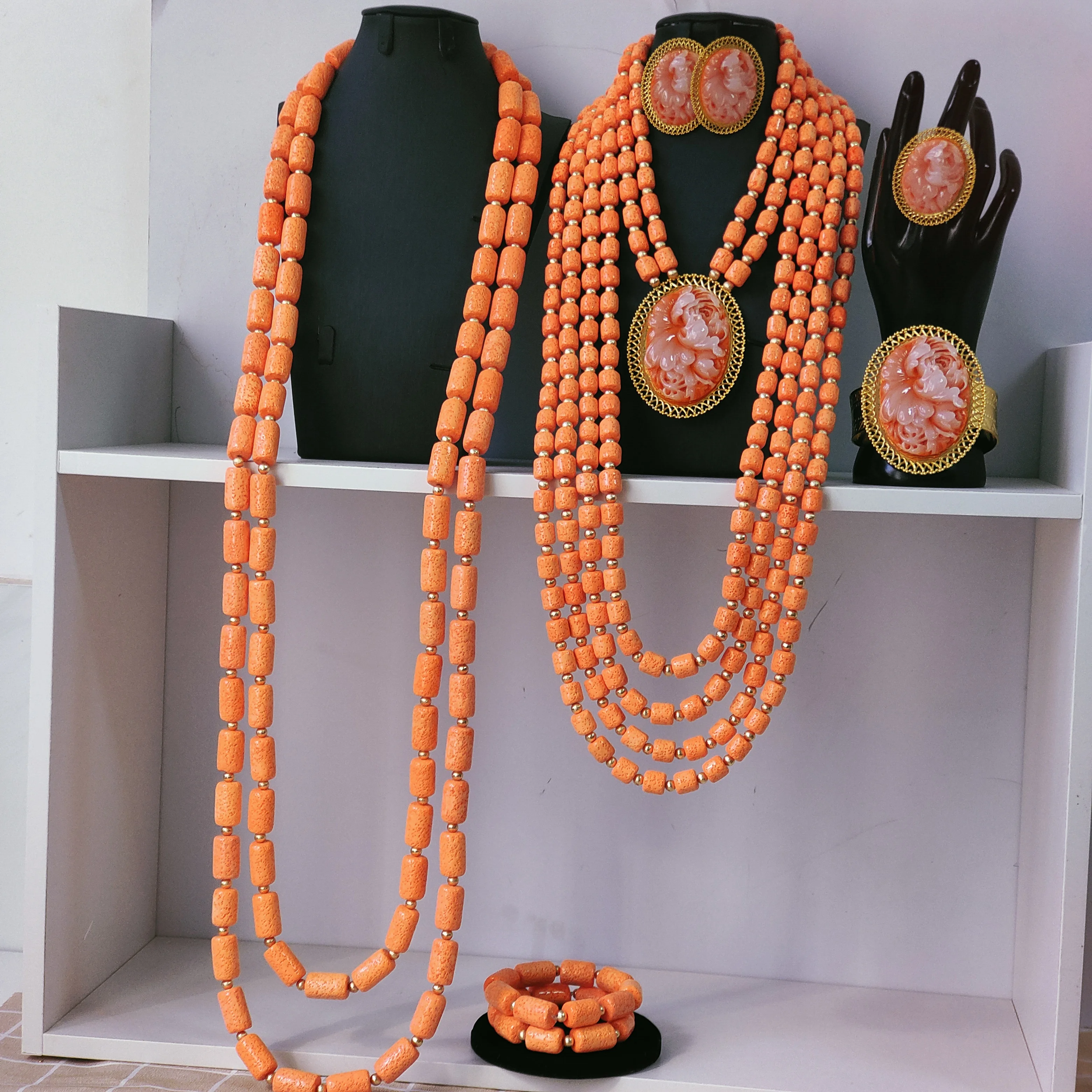 Italian coral bead, Nigerian Igbo traditional wedding coral couple set, African beads jewelry set