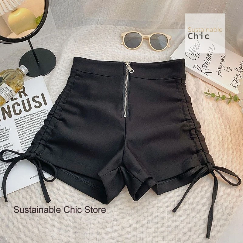 Korean drawstring slim high waist black shorts women's summer new loose and comfortable Joker wide leg pleated tight hot pants.