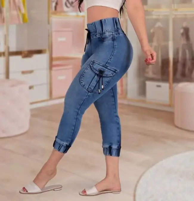

Women's Jeans 2025 Spring New Solid Color Casual Streetwear High Waist Drawstring Skinny Cuffed Capris Jeans with Pocket