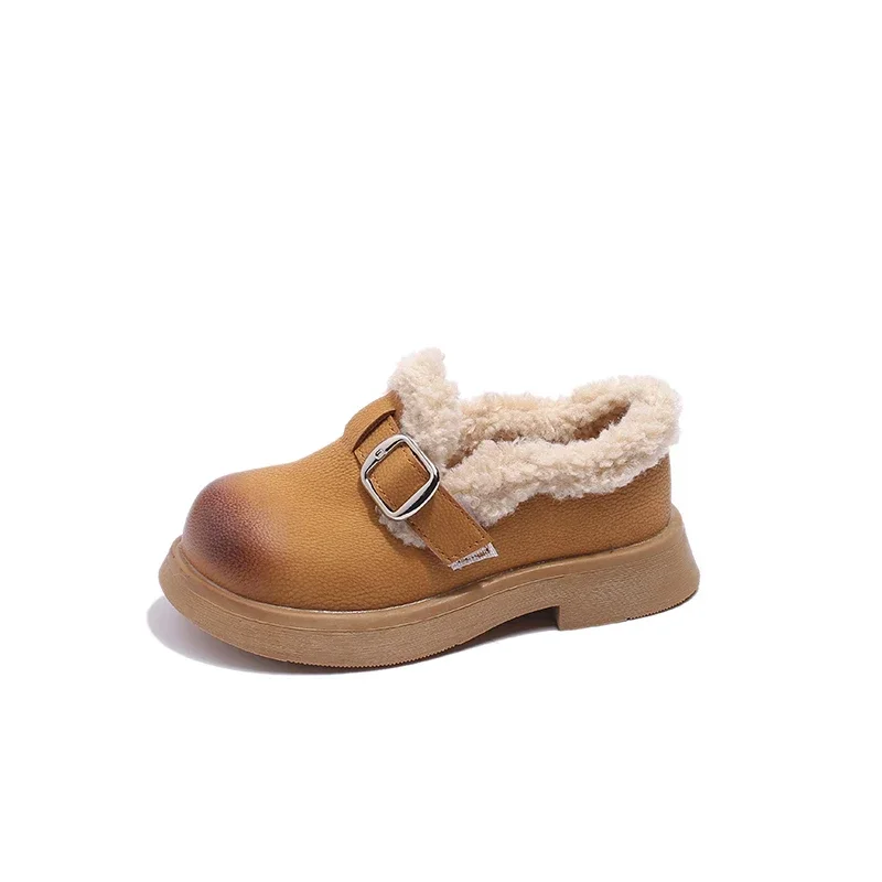 2024 scarpe in pelle per bambini per ragazze inverno nuova moda stile coreano principessa suola morbida antiscivolo tenere in caldo scarpe di peluche Chic