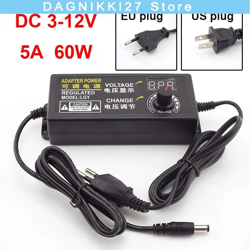 Display Screen Universal Adjustable AC DC 3-12V Volt 5A 60W Power Adapter wall Plug LED Strip Light Driver Adaptor CCTV V27