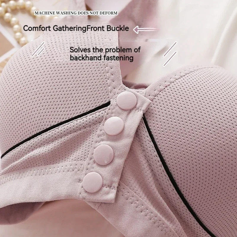 Large Size Gathered Women\'s Bra Fixed Sponge Cups Front Button Button Type Thin Cup Breathable Non-steel Ring Underwear Lenceria