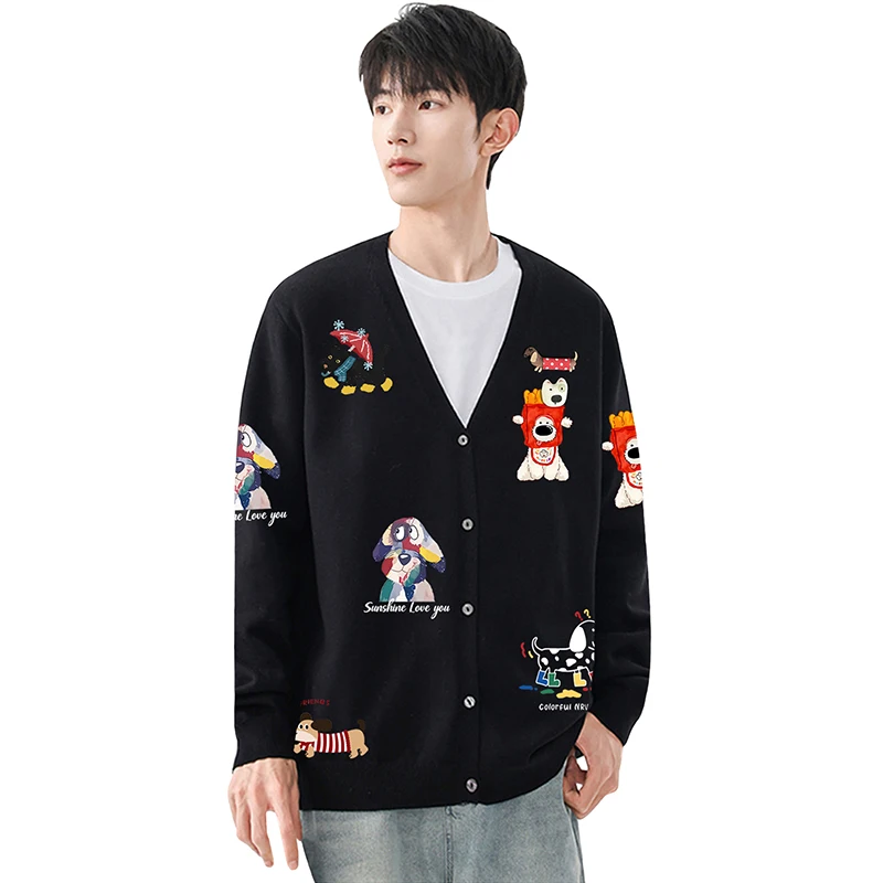 

Мужской кардиган, медведь, собака, кролик, слон, гусь, кукла, брошь с животным принтом, v-образный вырез, шерсть, открытая передняя пуговица, осенний прямой свитер