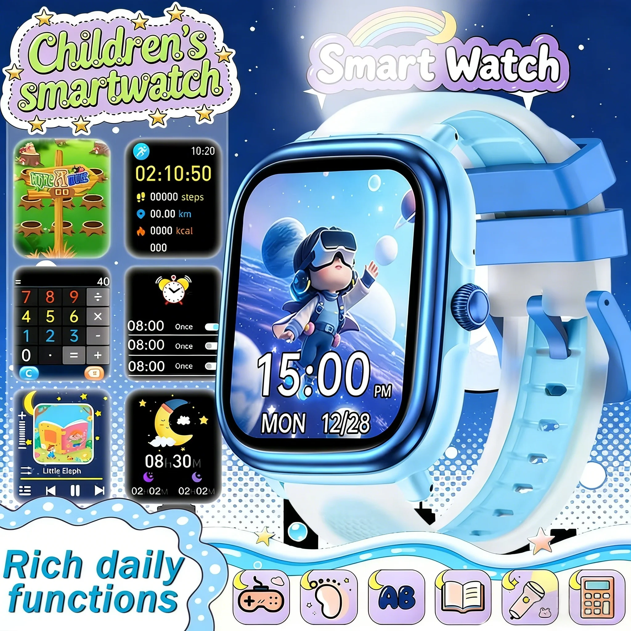 

Детские умные часы, 1,83-дюймовый HD-экран, часы, фонарик, книга сказок, распознавание слов, SOS-вызов, спортивный режим, игры.