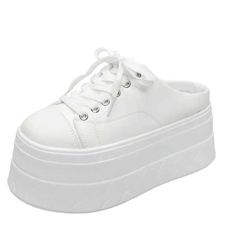 

7CM Half Slippers Spring Summer Women's Casual Shoes Platform Ladies Slippers Lace Up Elevator Shoe Low Top Female Footwear