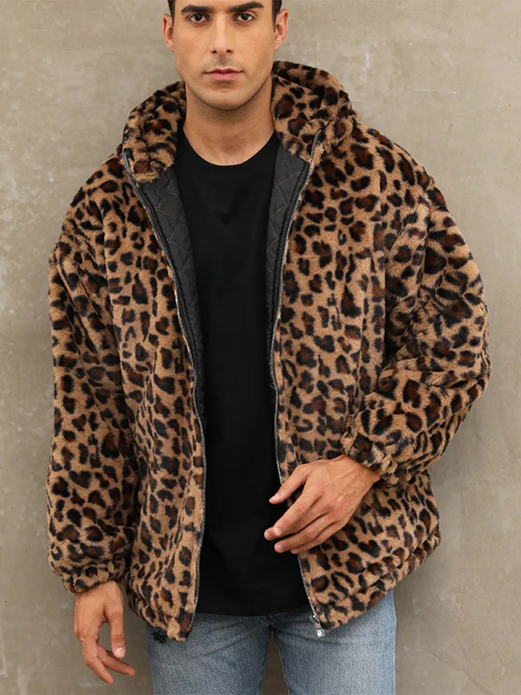 2024 Autumn Winter Faux Fur Leopard Coat Men's Warm Plush Zipper Long Sleeve Hooded Jacket Male Fashion Street Thickened Coat