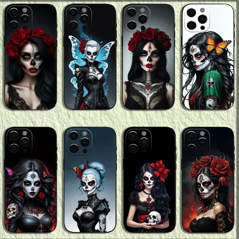 Mexican Catrina Skull Girl Phone Case For iPhone 16,15,14,13,12,11,Pro,X,XS,Max,XR,Plus,Mini Soft Black Cover