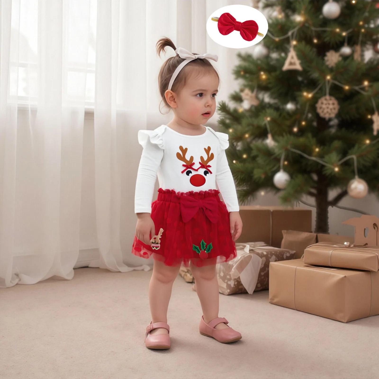 FOCUSNORM 2 ألوان جميلة طفل الفتيات عيد الميلاد الملابس مجموعات 0-18 متر طويلة الأكمام الرنة طباعة بذلة عقال القوس شبكة تنورة