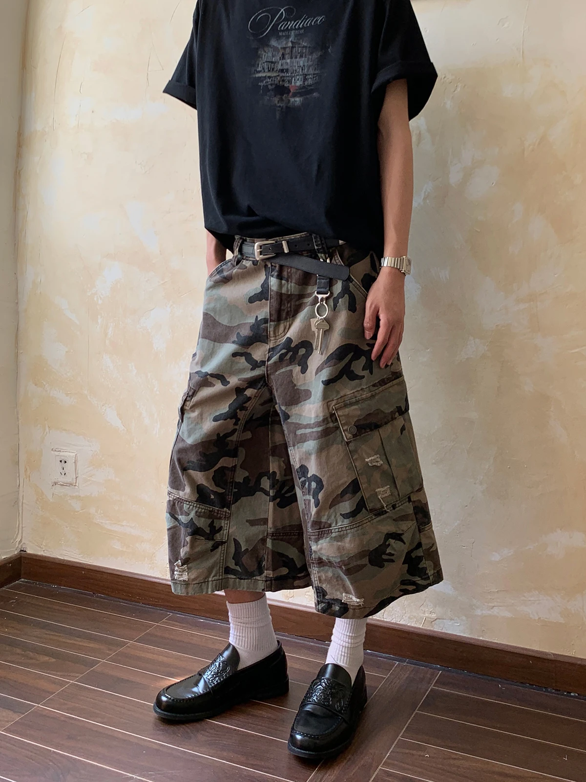 Oalin American Retro Camuflaje Ropa de trabajo Pantalones de siete pies Sueltos High Street Pierna ancha Pantalones versátiles Joven Primavera Summe...