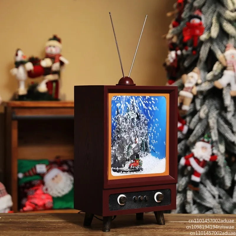 Indoor Polyresin Antique Santa Skiing Scene Tv Cabinet Christmas Decoration with Snowing Inside