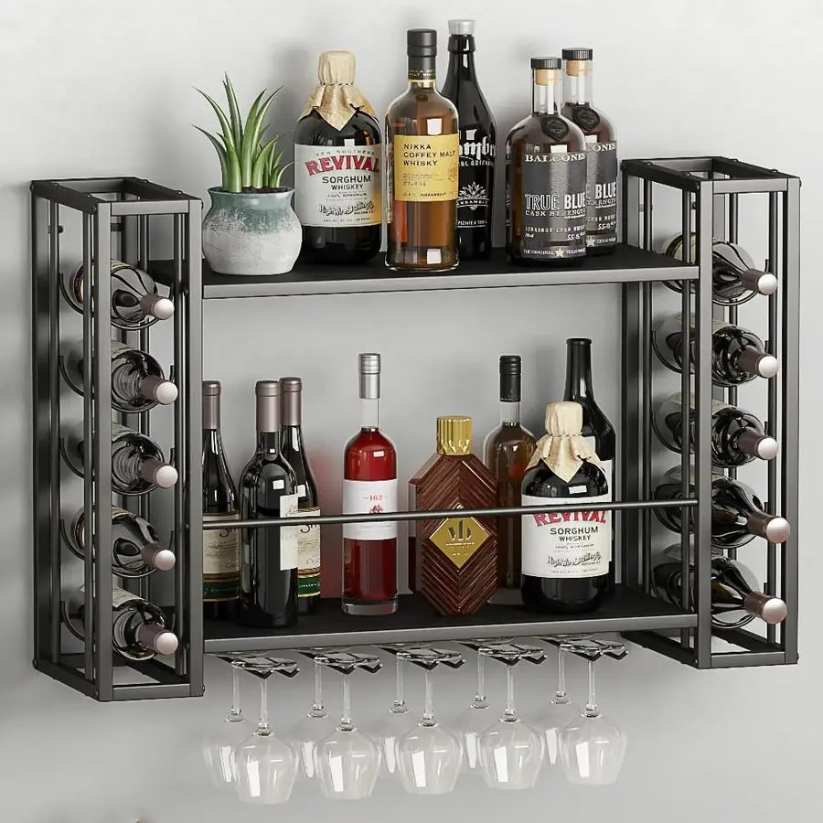

Wall Mounted Wine Rack, Wine Rack Wall Mounted with Wine Glass Rack, 2Tier MultiFunctional Shelf for Home Restaurant Bar Storag