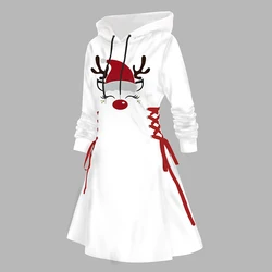 Dressfo 2024 Women's Christmas Hoodie Dresses Hat Elk Face Pattern Lace Up Hooded Dress Long Sleeve A Line Mini Dress