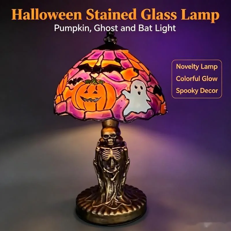Halloween Mini Stained Glass Table Lamp Vintage Skeleton Base Pumpkin Ghost Bat USB Powered For Holiday Party Bedroom Decor