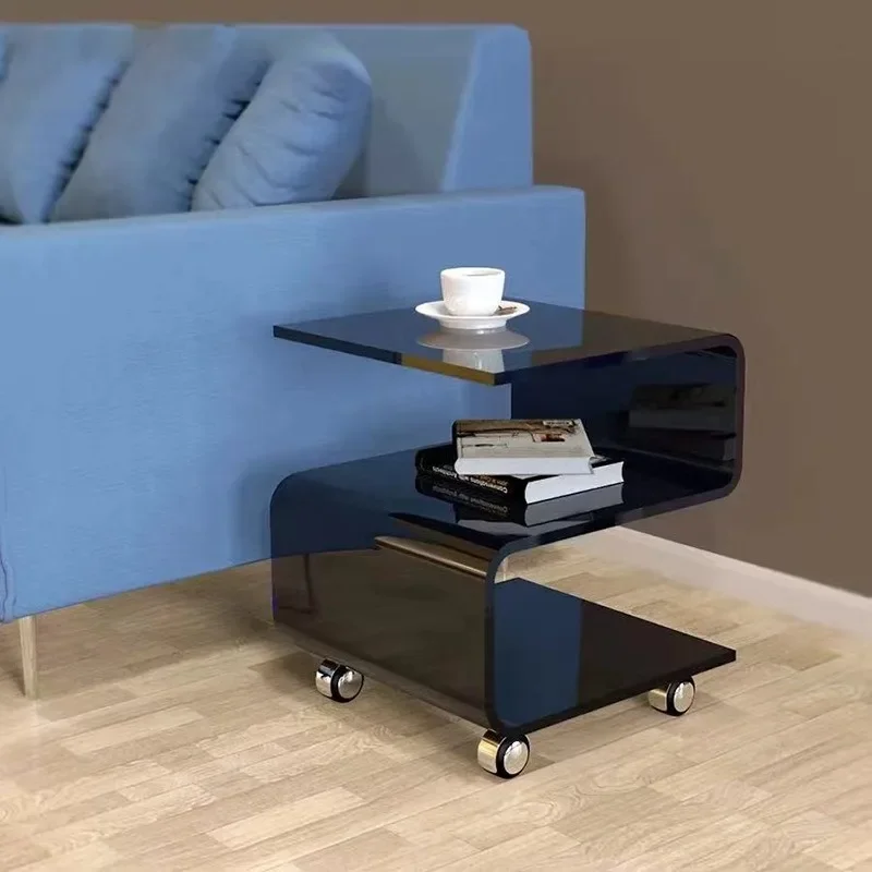 Creative S-shaped Transparent Acrylic Coffee Table with Wheels Storage Bedside Table Movable Corner Tables Home Furniture